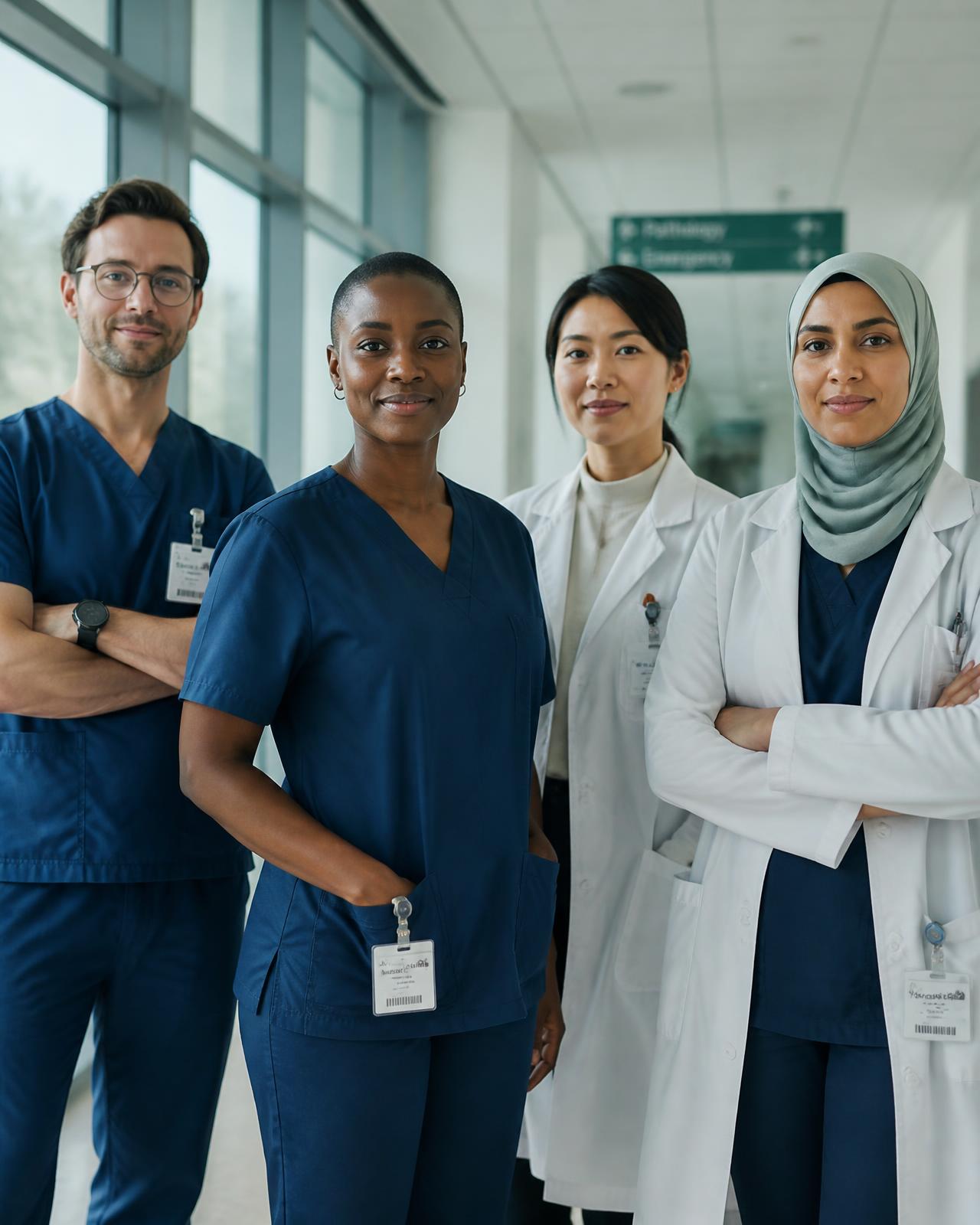 Four care professionals standing together in a hospital corridor