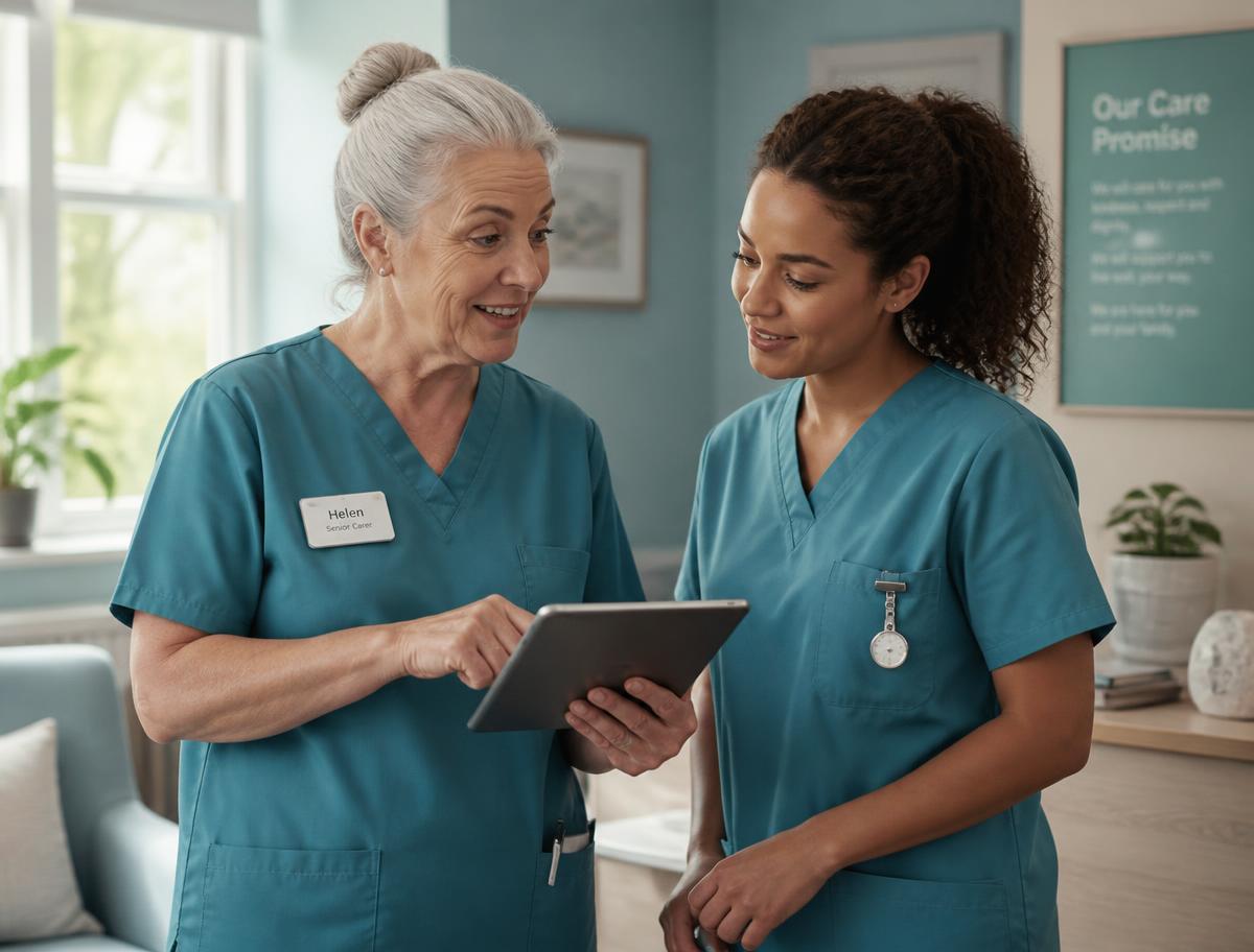 Two care workers reviewing notes together on a tablet
